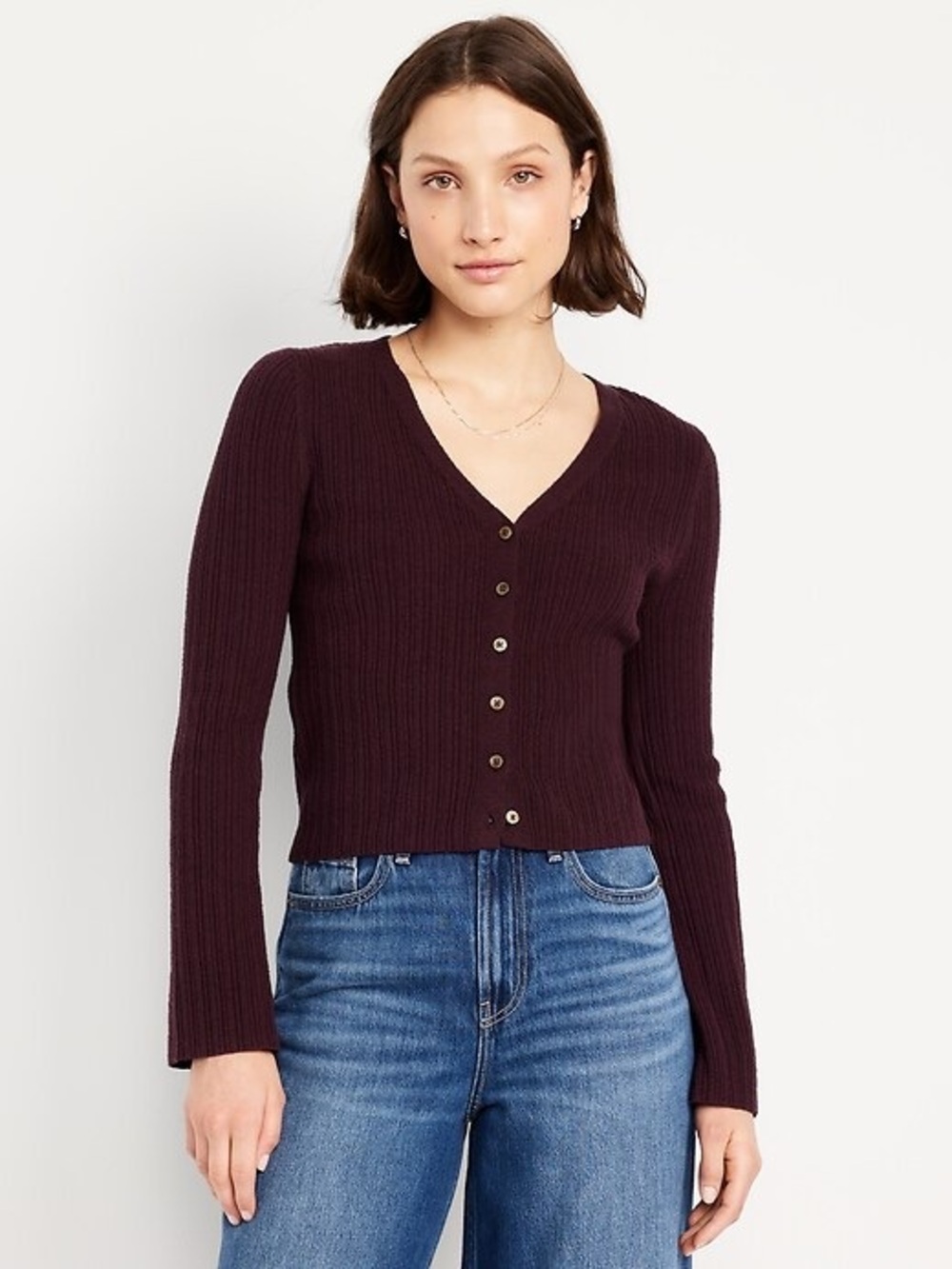 NWT Old Navy - Textured Bouclé Button-Down Sweater - Deep Plum